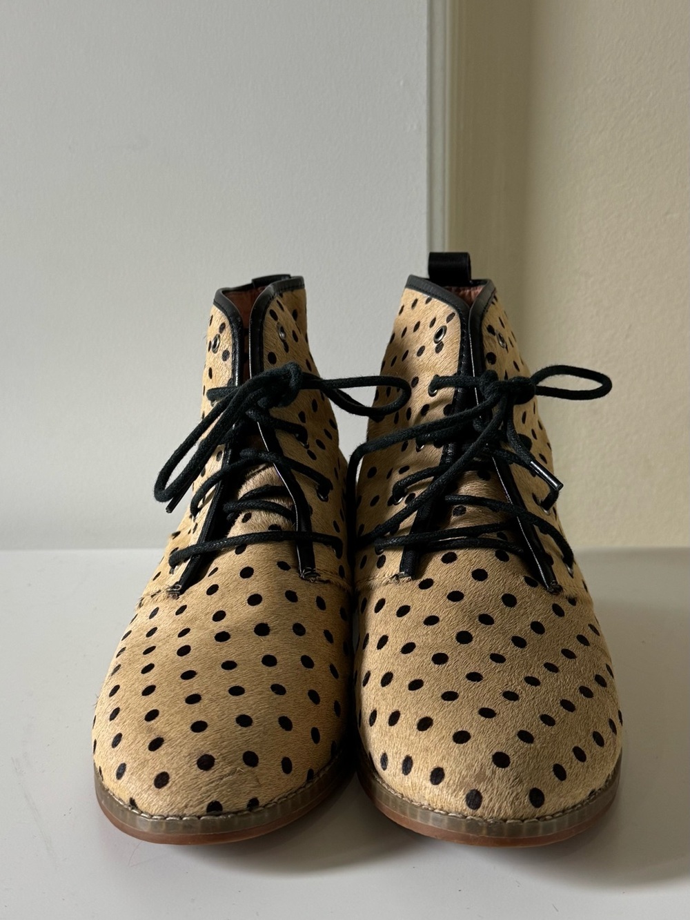 Polka Dot Lace-Up Ankle Boots in Beige and Black Size 7